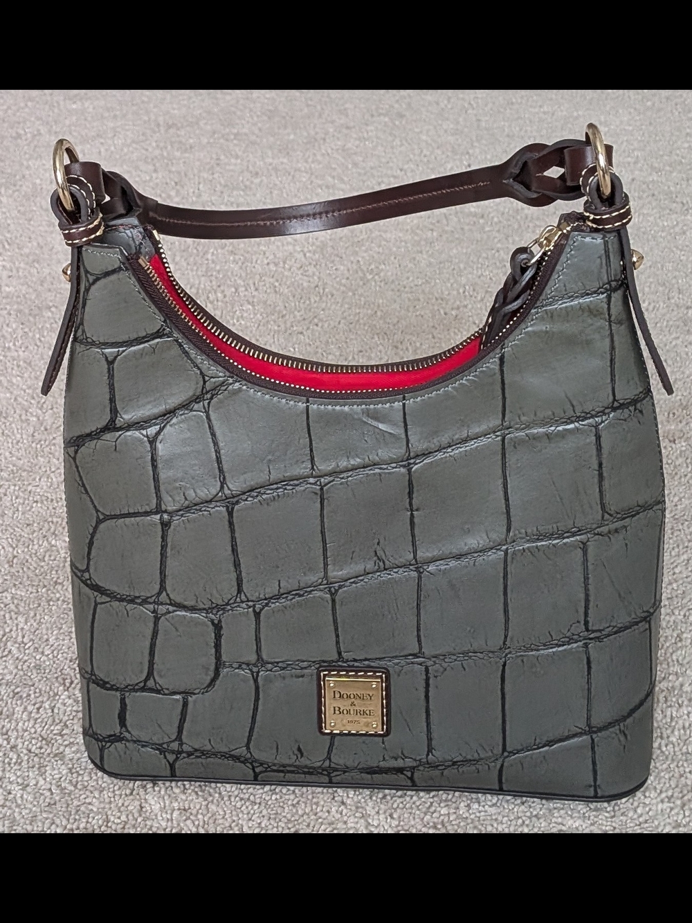 Dooney & Bourke Bryce Smoke Gray Croc-Embossed Leather Hobo Bag. New Without Tag